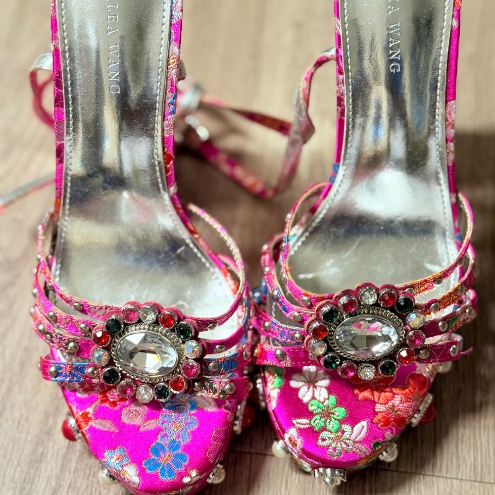 Azalea Wang Pink Floral Heels with Jewel Accents
